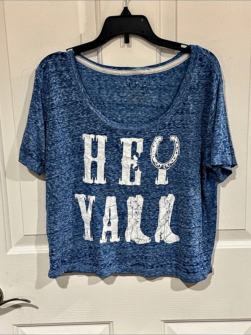 Fifth Sun Hey Y'All Horseshoe Boot Burnout T-Shirt Blue & White sz M  bL5